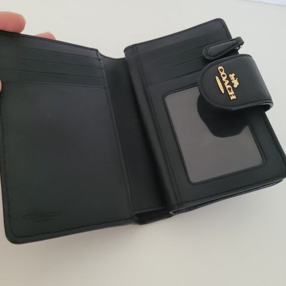 Coach Bifold Wallet Quilted Solid Black C3454 Geniue Leather Medium Logo Zip - Picture 3 of 11